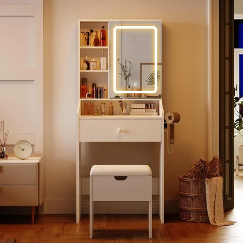 Miniatura 3 de Vabches Tocador de Maquillaje Pequeño de 24.4 pulgadas con Espejo y Luces, 3 Modos de Iluminación Ajustables, Juego de Tocador Compacto Blanco