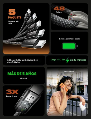 Miniatura 2 de LISEN Cable USB C, paquete de 5 cables USBC a USBC [0.5 pies] para iPhone 17 16e 15 Pro Max, cable de carga rápida de 60 W C a C para Galaxy Negro