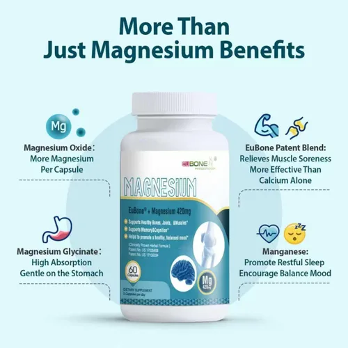 Miniatura 4 de Óxido de magnesio y glicinato extra fuerte 420 mg, suplemento de magnesio de alta absorción con EuBone y manganeso, apoya la salud muscular