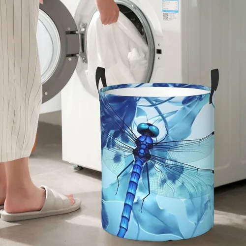Miniatura 7 de Cesta circular con estampado de libélula azul artística impermeable, cesta organizadora de almacenamiento con asas para ropa, juguetes, pequeña