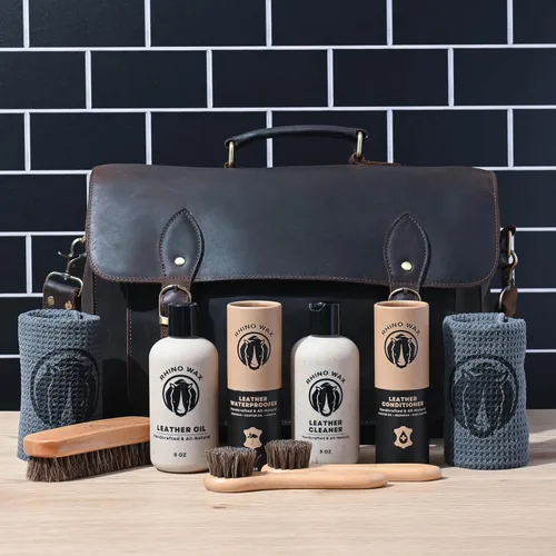 Miniatura 8 de Rhino Wax - Kit completo de limpieza y acondicionamiento de cuero (aceite + acondicionador + limpiador + cera impermeabilizante + cepillos + paños)