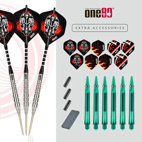 Miniatura 6 de ONE80 - Dardo de punta de acero profesional de tungsteno 90% VHD, estilo barril con vuelos extra, ejes y sacapuntas, caja de regalo con empaque