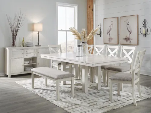 Miniatura 11 de Signature Design by Ashley Robbinsdale - Silla de comedor tapizada casual de madera maciza con ribete de cabeza de clavo, juego de 2, blanco y gris