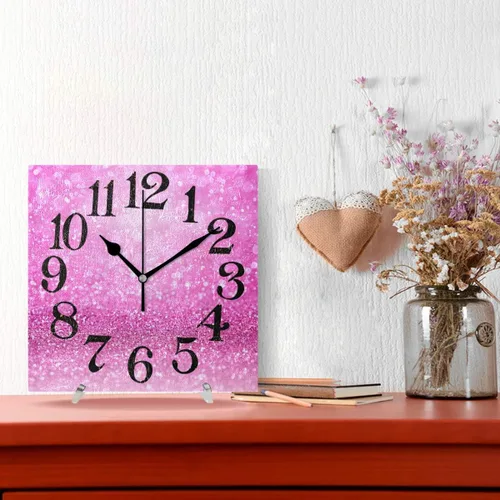 Miniatura 2 de Naanle Reloj de pared acrílico con estampado de purpurina rosa brillante, diseño de princesa para niña, redondo, cuadrado, diamante, pintura al