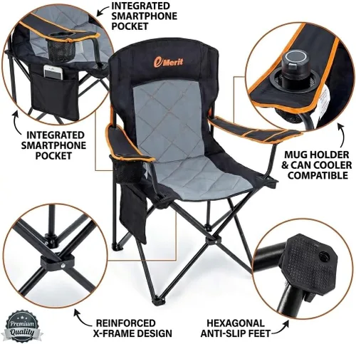 Miniatura 5 de EMERIT Silla de campamento, 350 libras, silla plegable cuádruple resistente con brazos, sillas plegables para exteriores con respaldo lumbar
