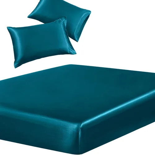 Miniatura 17 de SiinvdaBZX Juego de 3 piezas de sábana bajera de satén tamaño individual y 2 fundas de almohada, color azul bebé, sábana bajera suave y sedosa, sin