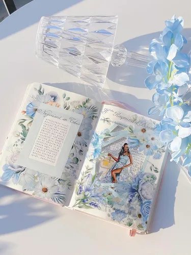 Miniatura 7 de WT Serene - Cinta ancha de PET, rollo individual, diseños originales, cinta decorativa de flores azules acuarela, cinta adhesiva transparente WT