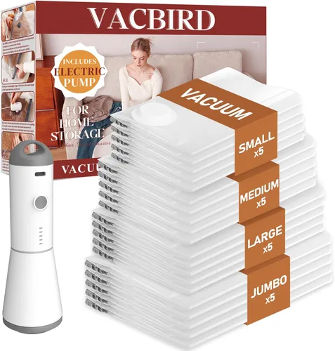 Miniatura 11 de Vacbird Bolsas de Vacío de Viaje con Bomba de Aire Inalámbrica Recargable, Paquete de 12 Bolsas de Almacenamiento al Vacío con Sellado para Ropa
