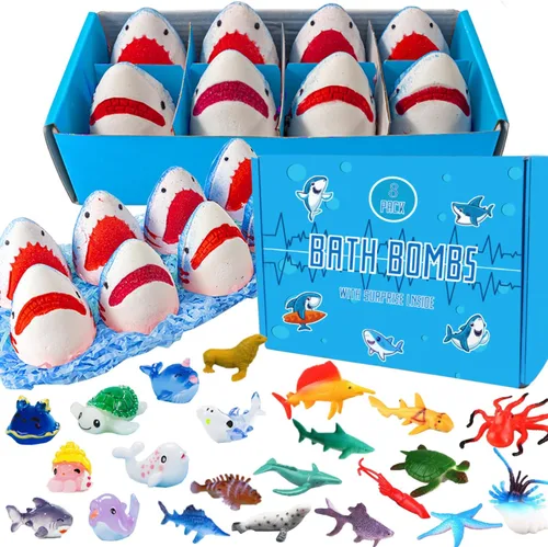 Bombas de baño de tiburón para niños con sorpresa de animales marinos en el interior – Set de regalo de bombas de baño naturales y seguras para