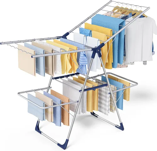 Miniatura 11 de Sakugi Escurridor de ropa, plegable de 2 niveles con alas ajustables en altura, para ropa y ropa de cama, estante independiente que ahorra espacio