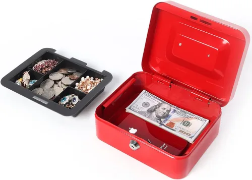 Miniatura 3 de Caja de dinero pequeña con bandeja de dinero y cerradura, caja de dinero de metal para efectivo, caja de seguridad de 7.87 x 6.3 x 3.54 pulgadas
