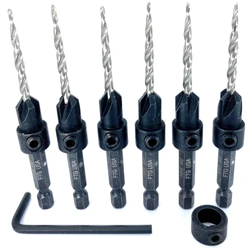 Miniatura 19 de FTG USA Juego de 12 brocas avellanadoras #8 (11/64 pulgadas) con collar de tope de profundidad, llave hexagonal, brocas cónicas para madera