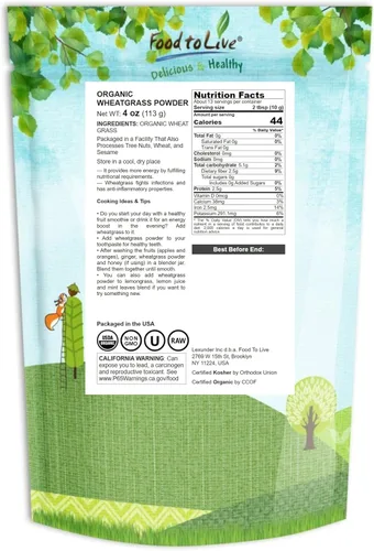 Miniatura 2 de Food to Live Polvo de pasto de trigo orgánico, 4 onzas, sin OMG, hoja entera, crudo, no irradiado, puro, vegano, a granel, ideal para jugo, rico