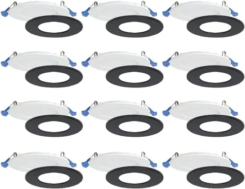Nadair Paquete de 12 luces LED empotrables ultra delgadas de 4 pulgadas, 9 W, 750 lúmenes, 3000 K (blanco cálido), ribete blanco y negro incluido,