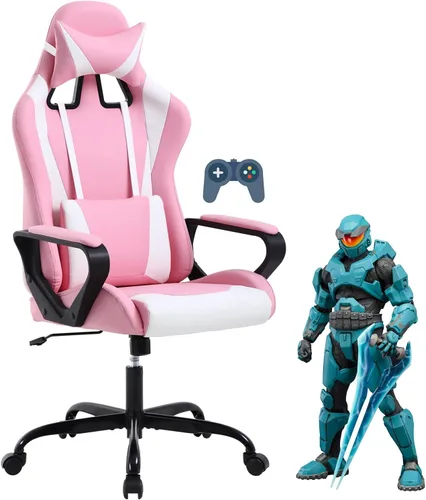 Miniatura 10 de Silla ergonómica para videojuegos, silla de oficina de piel sintética con respaldo alto y soporte lumbar ajustable y reposacabezas - Silla giratoria