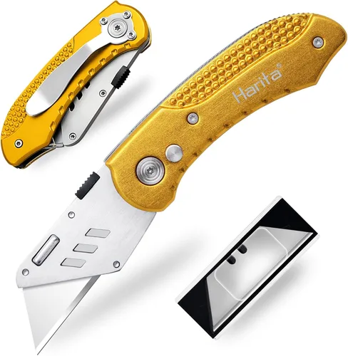 Miniatura 9 de Harita Cortador de caja de cuchillos utilitarios con clip para cinturón, paquete extra de 5 hojas de repuesto y mango de madera, cortador