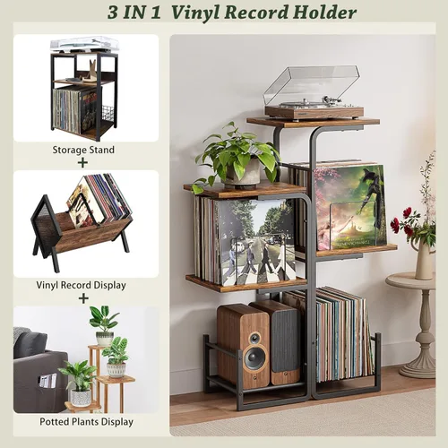 Miniatura 8 de Bikoney - Soporte para tocadiscos inspirado en jardineras con gran almacenamiento de vinilo, mesa de tocadiscos vintage con estante para LP