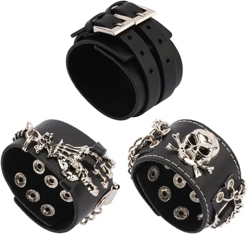 Pulseras punk, de cuero, gótico, tachonadas de motociclista, de metal, calavera, juego de pulseras para hombres y mujeres, color negro, 3 piezas