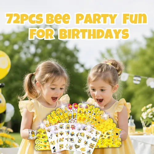 Miniatura 4 de Juego de 72 piezas para fiesta de abejas, 48 tatuajes temporales y 24 pulseras de bofetada, suministros de cumpleaños con temática de abejorro