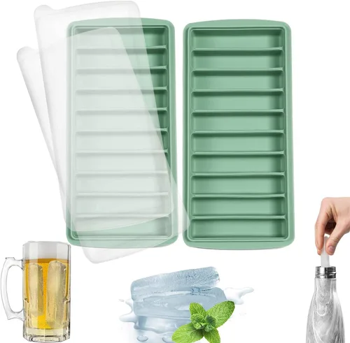 Miniatura 10 de LessMo 3 bandejas para cubitos de hielo, bandeja larga para palitos de hielo de silicona con tapa, palo estrecho rectangular, reutilizable