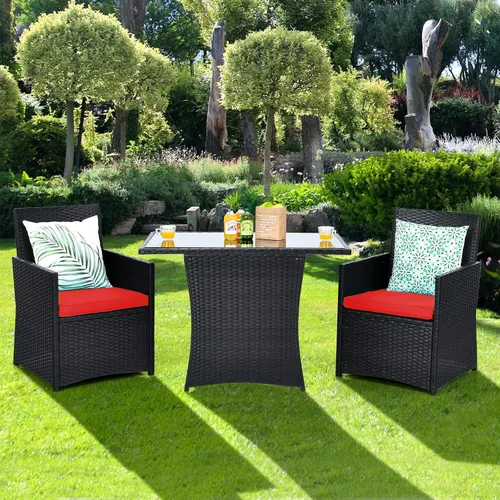 Miniatura 2 de HAPPYGRILL Juego de muebles de patio de 3 piezas, juego de mimbre de ratán PE para exteriores, con cojines lavables y mesa de vidrio templado