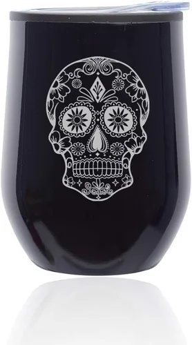 Miniatura 5 de Vaso de vino sin tallo, taza de viaje de café con tapa, calavera de caramelo de azúcar (oro rosa)