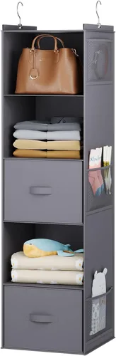 YOUDENOVA Organizador colgante de armario, estantes colgantes de armario de 5 niveles con 6 bolsillos laterales y 2 cajones, color gris