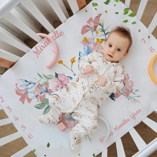 Miniatura 3 de Manta de hito para bebé personalizada con nombre, manta personalizada de flores en forma de mariposa con tabla de crecimiento calendario, manta