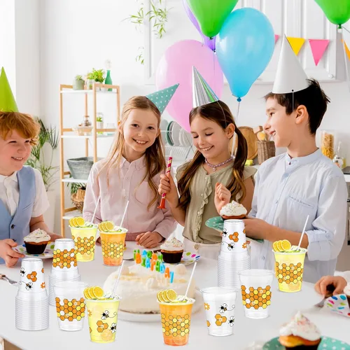 Miniatura 5 de Sliner 50 tazas de miel transparente, vasos desechables de 12 onzas con pajitas, recuerdos de fiesta temática de abejas para cocina, baby shower