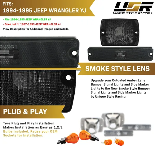 Miniatura 4 de USR DEPO 94-95 YJ - Luces de señalización laterales COMBO ahumadas para parachoques delantero + juego de luces de marcador lateral de 94-95 YJ SMOKE