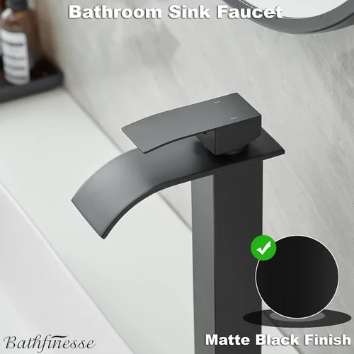 Miniatura 4 de Grifo de fregadero de recipiente con cascada, grifo de baño mate negro de acero inoxidable, alto, de una sola manija, un agujero, montaje