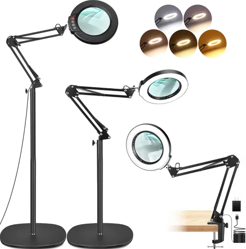Miniatura 10 de LANCOSC 10X Lupa con luz y soporte, lámpara de pie oscilante ajustable 3-en-1, 5 modos de color, atenuación sin escalones, lupa manos libres con luz