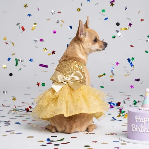Miniatura 7 de Fitwarm Vestido tutú para perro con lentejuelas brillantes, traje de Navidad de lujo para perros pequeños y niñas, ropa para mascotas, color dorado