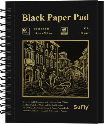 Cuaderno de bocenas de papel negro SuFly 5.5 x 8.5, 60 hojas (90lb/150gsm) Papeles de artista para dibujo | Papel negro para lápices de colores y