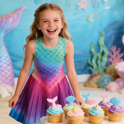 Miniatura 2 de Funnycokid Vestido de Sirena para Niñas, Sin Mangas, de Verano, para Cumpleaños, de Fiesta con Volantes, Ropa de 4 a 13 Años