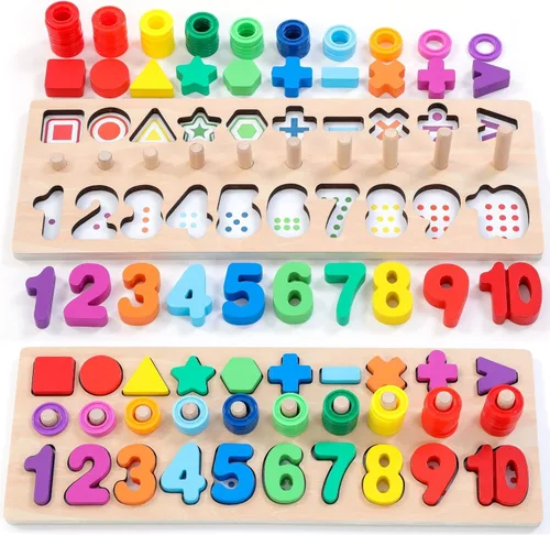 GeroCrew Juguetes de madera Montessori para niños, rompecabezas de números, clasificador de formas, juego de apilar y contar, juguetes educativos
