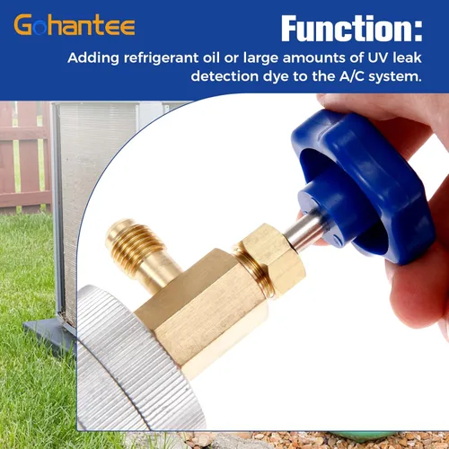 Miniatura 4 de gohantee Inyector de tinte de aceite de CA R12 para R134a R22 2oz A/C Herramienta de inyección de aire acondicionado hembra 1/4 "SAE x macho 1/4" SAE