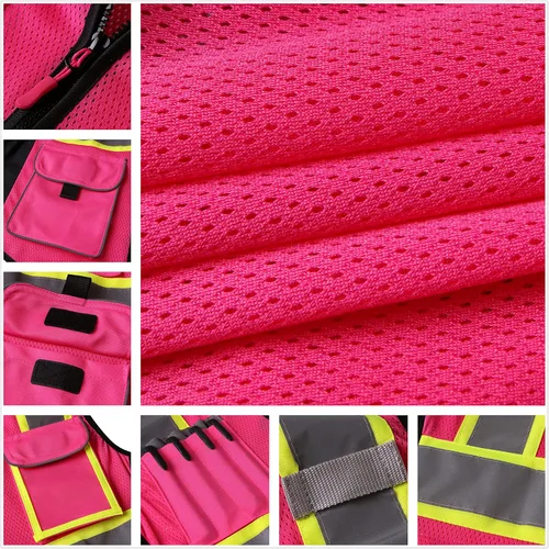 Miniatura 4 de Chaleco de seguridad para mujeres, chaleco de trabajo reflectante de alta visibilidad con 9 bolsillos múltiples y cremallera Rosa