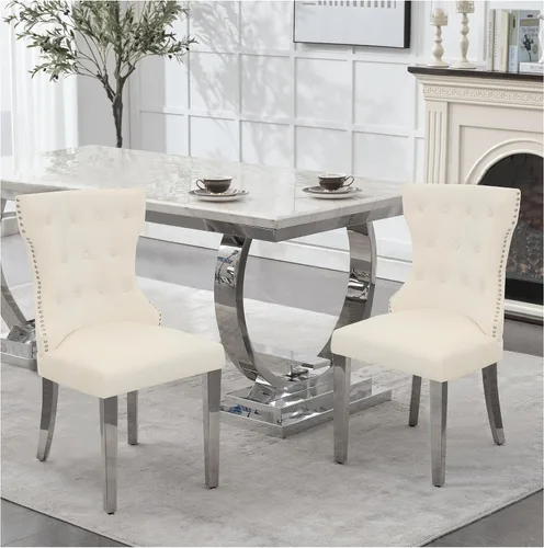 adochr Juego de 2 sillas de comedor de terciopelo, sillas de cocina tapizadas con patas de metal, respaldo abotonado moderno con anillo de tracción
