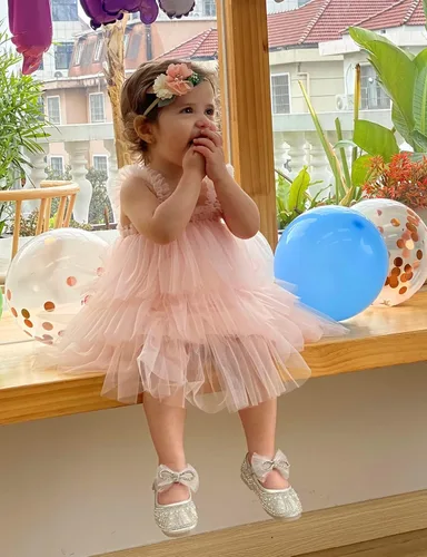Miniatura 2 de Tutu Dreams Vestido tutú de 3 capas con volantes de tul para niñas pequeñas con diadema de flores Rosado