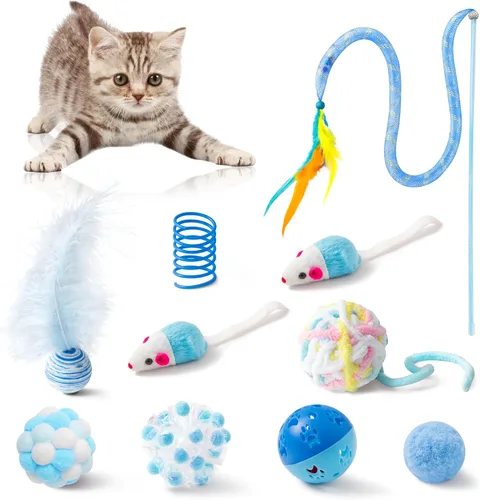 Miniatura 10 de MALLMALL6 Juego de juguetes interactivos para gatos, paquete de 27 piezas, paquete de 27 piezas, plumas rosadas, varita, resortes, ratones, sisal
