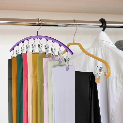 Miniatura 6 de Organizador de leggings para armario, colgador de metal para pantalones de yoga con revestimiento de goma, paquete de 2 con 10 clips para 20 Morado
