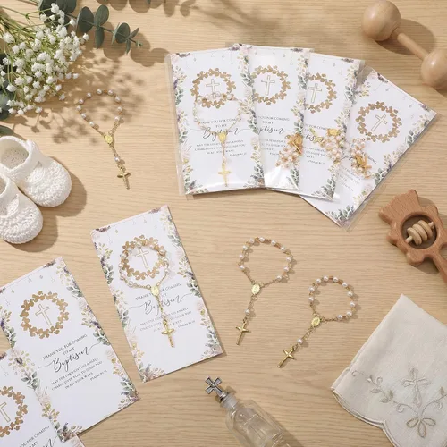 Miniatura 4 de Tondiamo 12 juegos de mini rosarios para bautismo, rosario, regalos de bautismo para invitados con tarjetas de agradecimiento y bolsas para bautizo