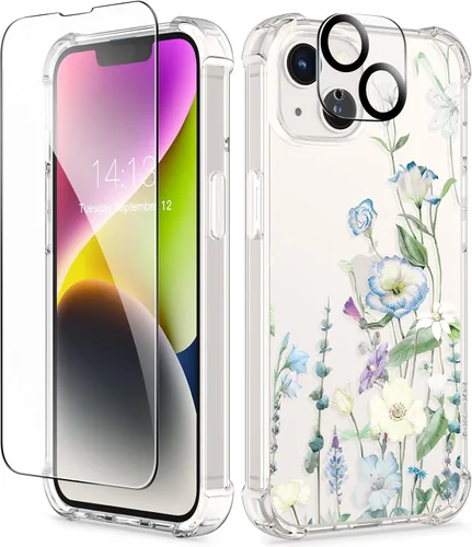Miniatura 34 de GVIEWIN - Funda floral para iPhone 14 de 6.1 pulgadas, protector de pantalla + protector de lente de cámara, no se amarillenta, a prueba de golpes
