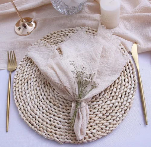 Miniatura 4 de Servilletas de tela con juego de 6 servilletas de gasa con flecos, 100% algodón natural suave, servilletas lavables, ideales para bodas