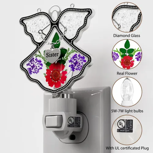 Miniatura 5 de KY&BOSAM Angel Sister - Luz de noche de flor en vidrio con ribete de metal, luz nocturna de corazón para hermana, cuarto de bebé, dormitorio, baño