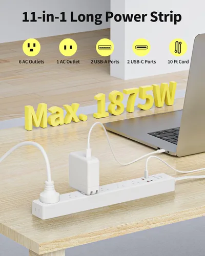 Miniatura 2 de Regleta protectora contra sobretensiones de 10 pies, 7 tomacorrientes, 4 puertos USB (2 USB C), cable de extensión plano ultrafino y enchufe plano