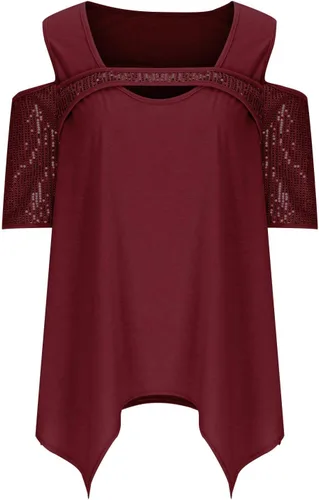 Miniatura 6 de Blusa de manga corta con hombros descubiertos y talla grande, con lentejuelas brillantes y empalme de moda, con dobladillo de pañuelo