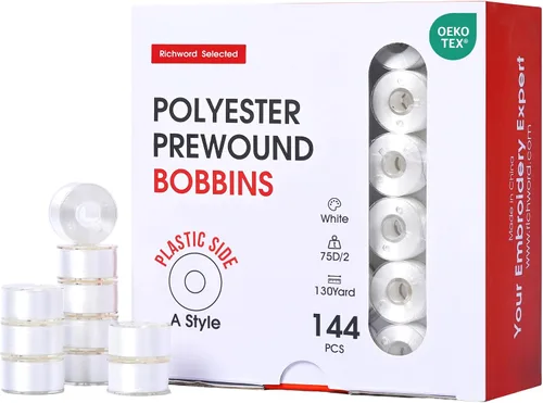 Miniatura 10 de Poolin Bobinas preenrolladas Richword Selected 25 unidades, blanco + negro, tamaño A, lado de plástico, hilo de poliéster 70D/2 (60WT) para máquina