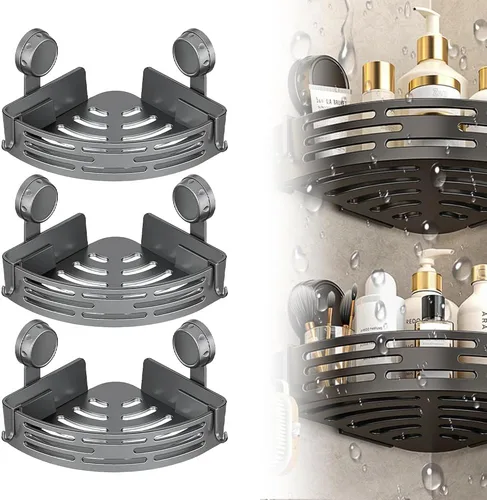 Miniatura 12 de Estantes esquineros triangulares con ventosa, estante de almacenamiento de baño sin perforaciones, estante de ducha esquinero con ventosa